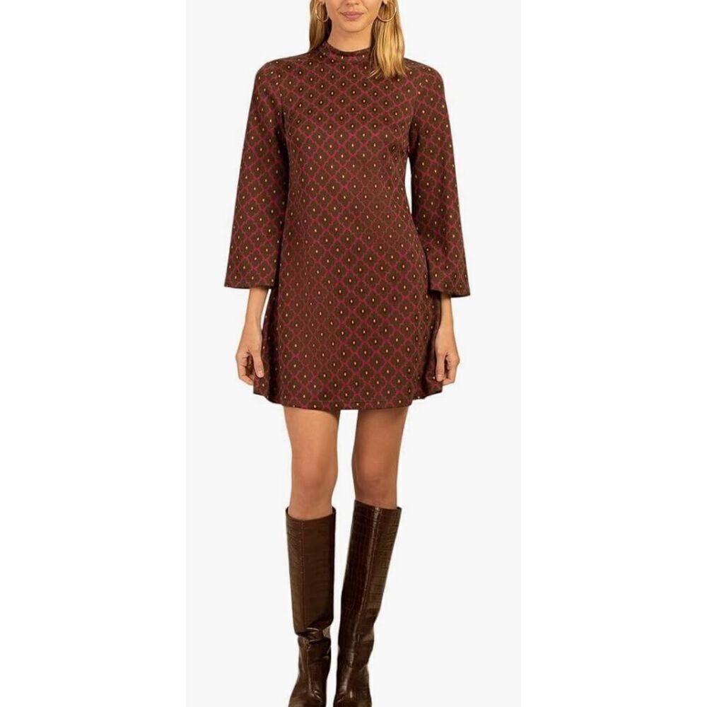 Trina Turk Women's A line Mock Neck Dress, Multi-Colored